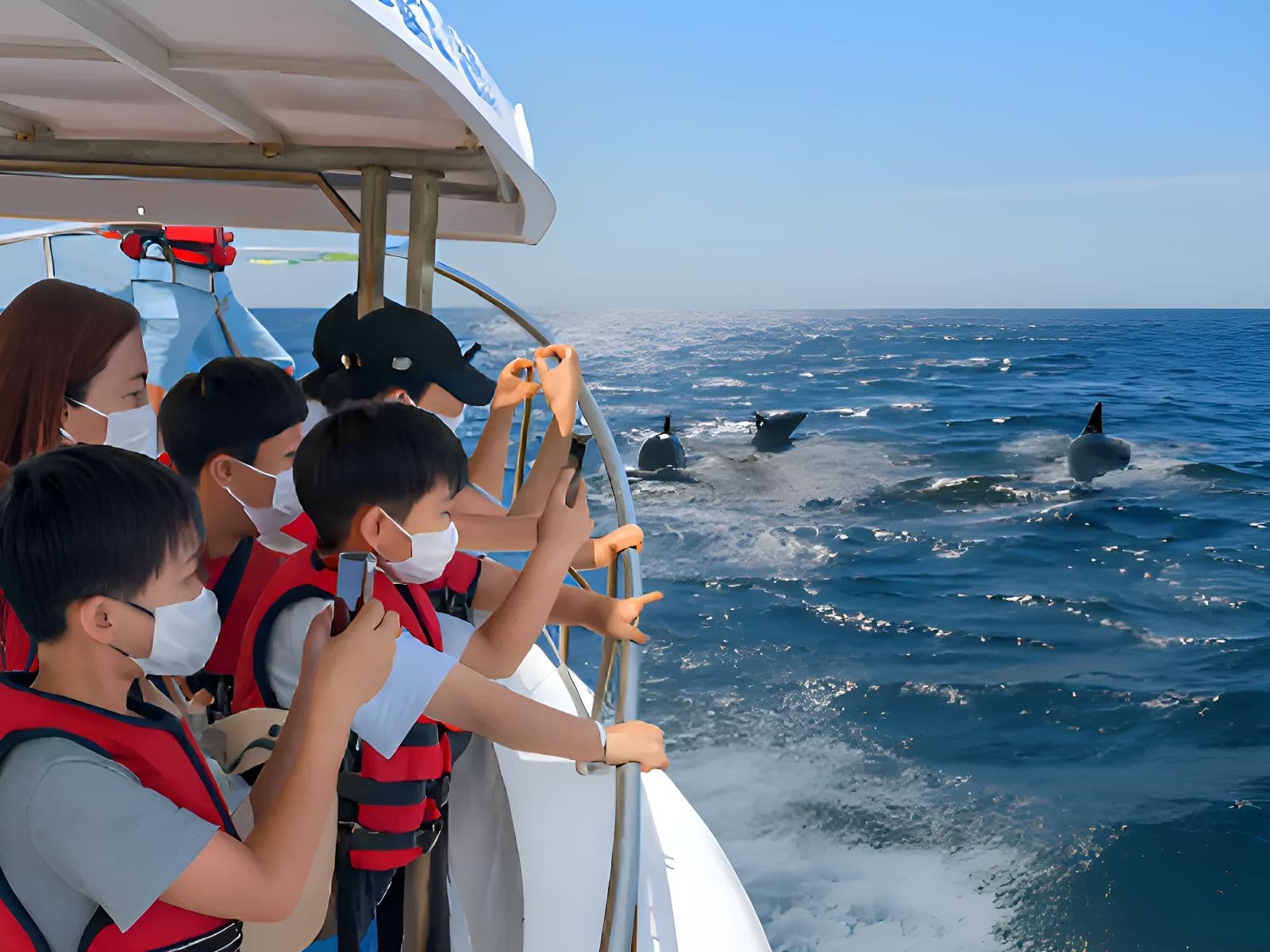 구명조끼를 착용한 아이와 가족이 제주 바다에서 야생 돌고래를 관찰하는 장면