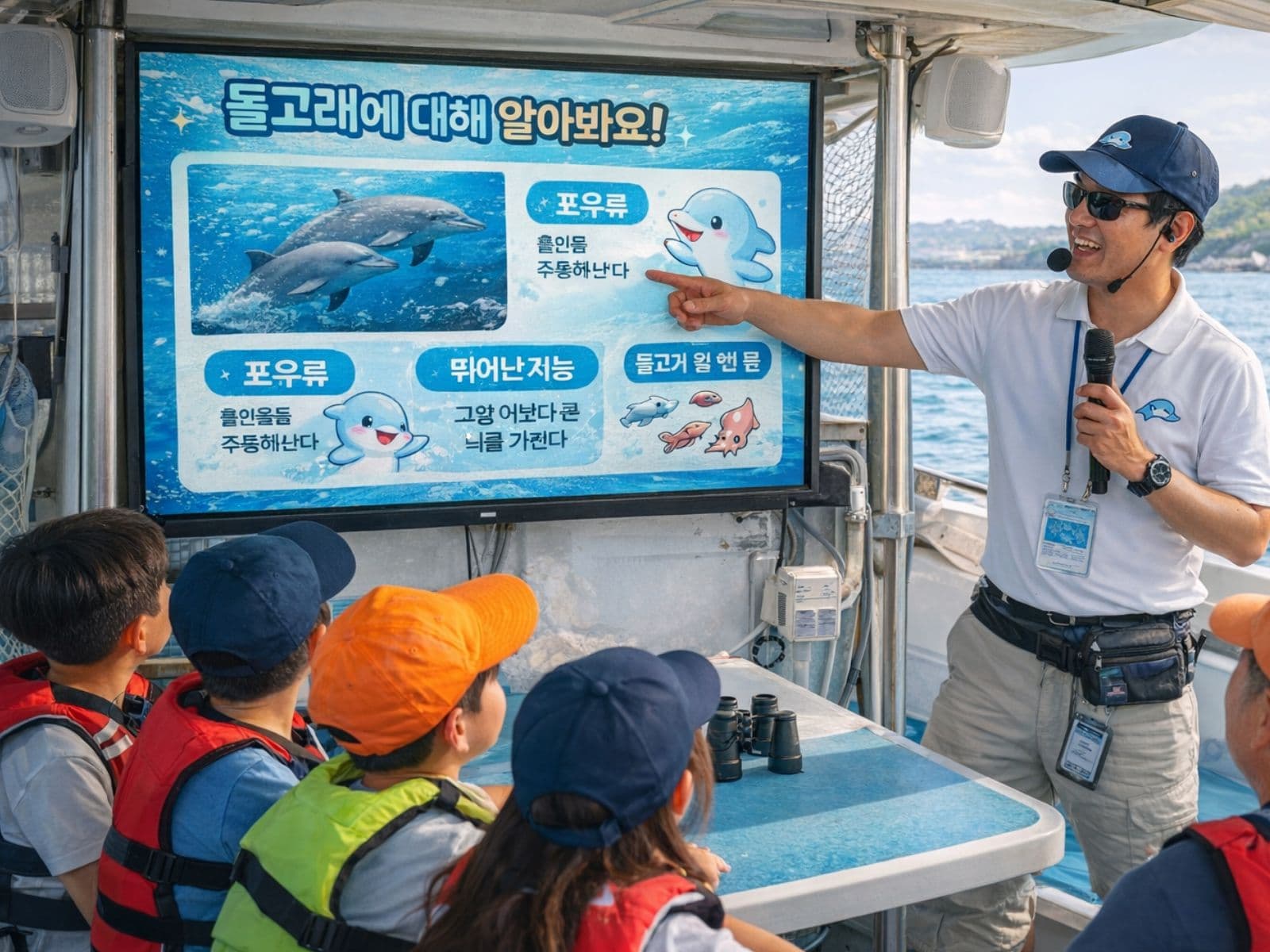 선상에서 전문 가이드가 야생 돌고래 생태를 설명하는 교육형 탐사 장면